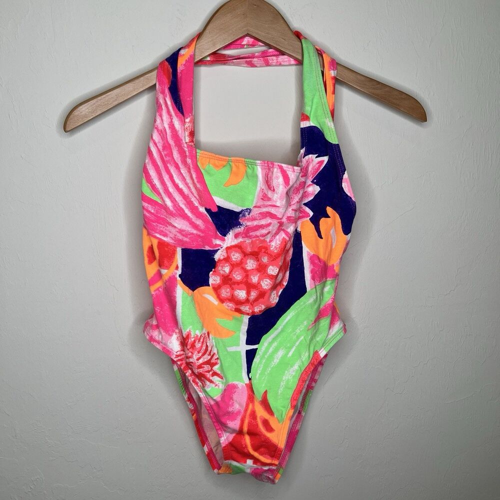 VTG Too Hot Brazil Swimsuit One Piece Bodysuit Neon Pineapple Style Y2K Sz 12